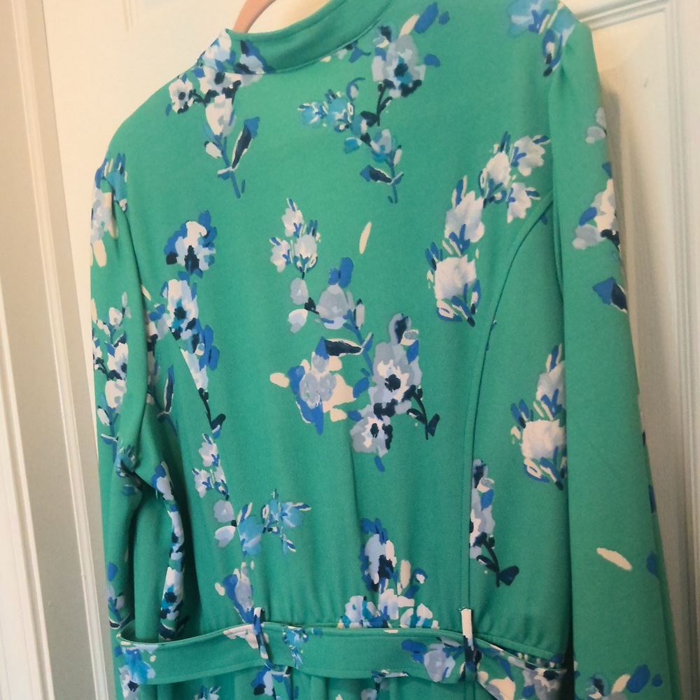 NWT Danny & Nicole Green & Blue Floral Collared V-Neck Belted Dress 18 - Picture 7 of 14